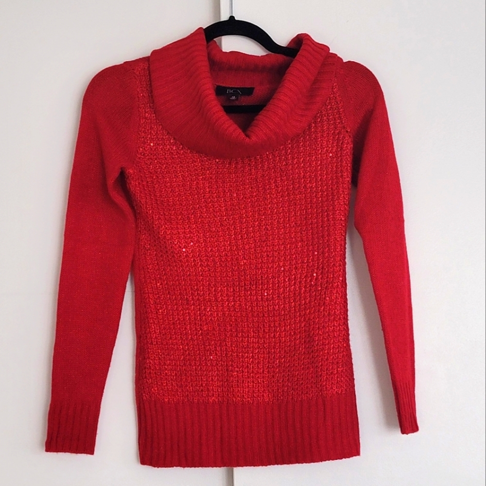 BCX Red Sequin Sweater with  Cowl Neck - Size XS